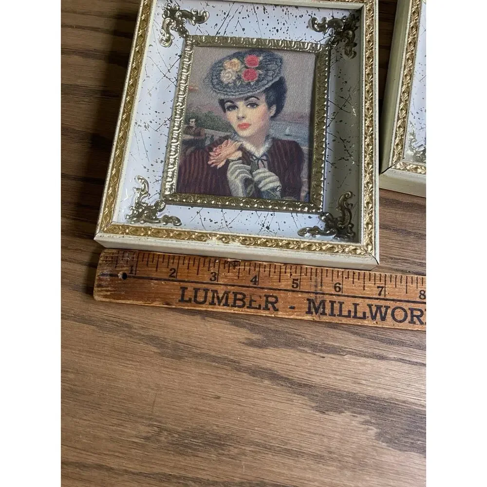 Vintage 1950s Hollywood Regency Framed Art Prints Woman In Gold Shadow Box Frame